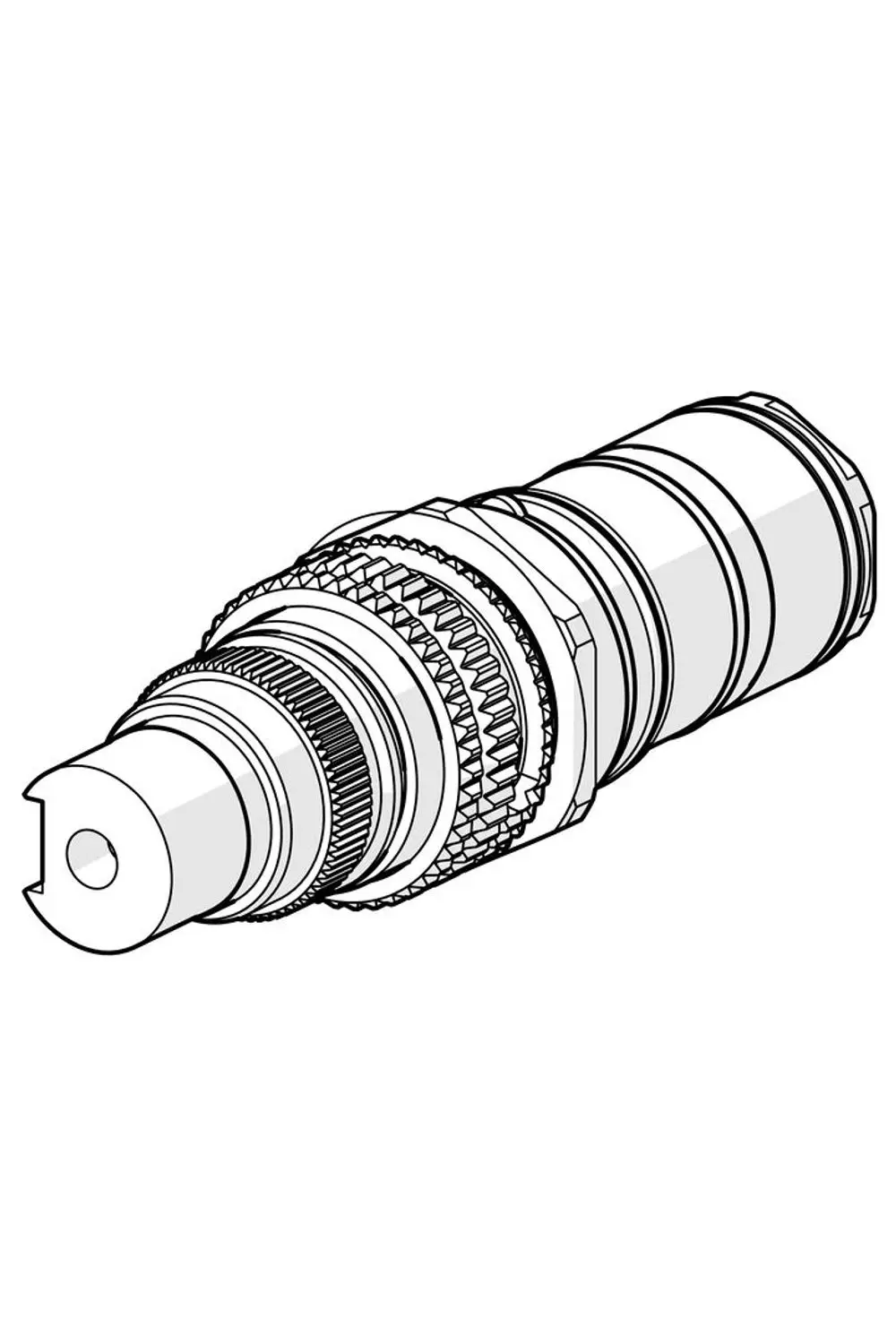 Thermostatkartusche in technischer Zeichnung von HANSA, zylindrischer Form mit gewelltem Gehäuse und einer Verbindung für Montage.